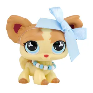 Adorable Chihuahua Puppy Figurine - Mini Dog Toy with Light Blue Bow & Beaded Necklace, Collectible Animal Figure for Kids & Display