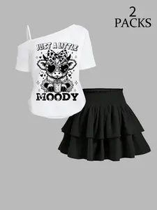 Women's Cartoon Cow Print Off-Shoulder Top & Cake Skirt Set, Y2K Sweet Cool Girl Style, Cute Animal Pattern, Comfortable Fit