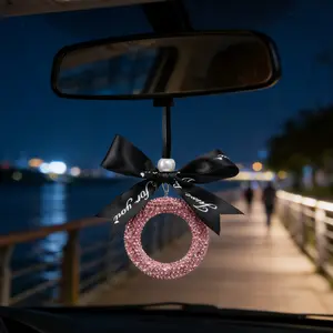 Dangle Circle Bow Tie Car Hanging Ornament, Sweet Cool Girl Style, Rearview Mirror Decorative Accessory, Vehicle Interior Decoration