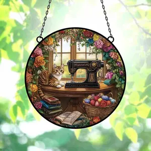 Sewing Cat Suncatcher Acrylic Window Hanging, Cat Window Hanging Home Decor 6'', Gift for Cat Lover