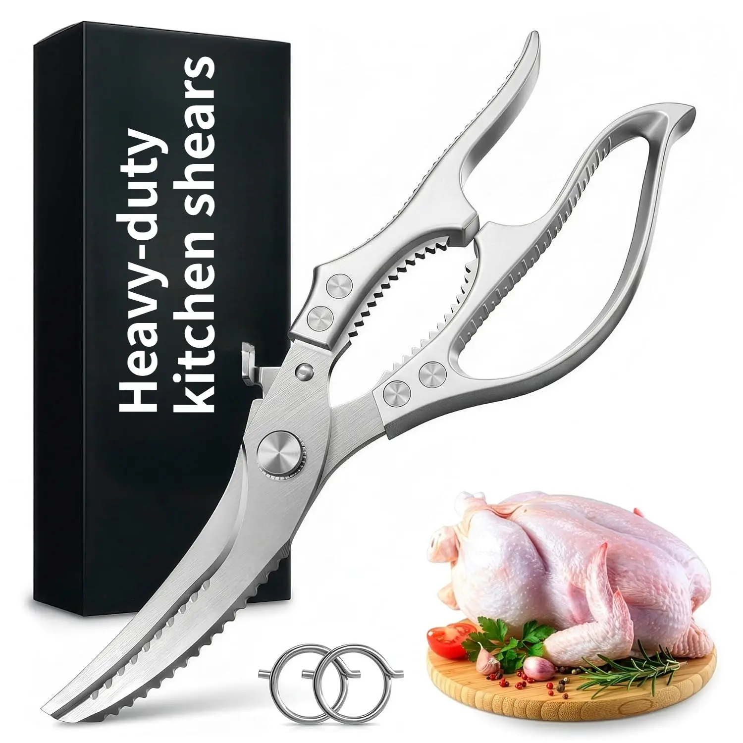Heavy Duty Poultry Shears,Spring Loaded Kitchen Shears,Dishwasher, Heavy Duty Kitchen Shears for Food with Nutcracker and Fish Descaler; Spring-Loaded to Cut Chicken, Turkey, Meat and Bone Aluminium Steel Bbq Blade Handles Stainless