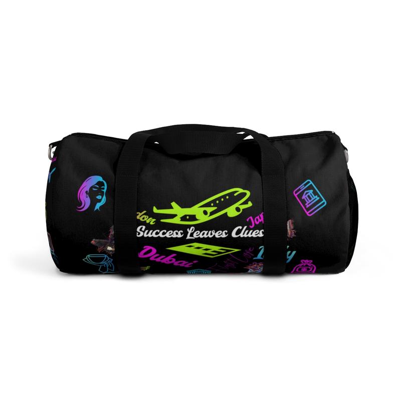 Black Neon Travel Duffle Bag  Custom 'Success Leaves Clues' Design with Vibrant Travel Icons"