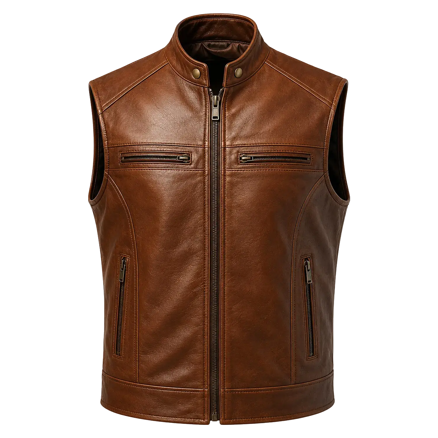 Men’s Brown Leather Waistcoat | Zip Front Biker Vest