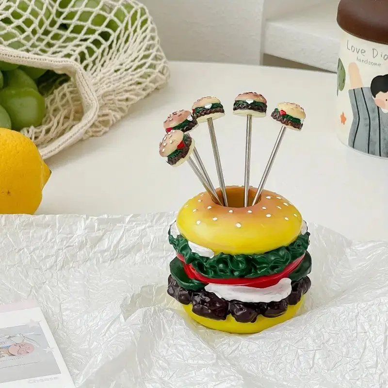 10-Piece Sturdy Hamburger-Shaped Stainless Steel Fork Set, Non-Slip Handles, Playful Design Kitchen Cutlery Utensils for Grilling, Family Events Tableware
