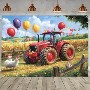 Backdrop Banner 1pc - Farm Birthday Party Decor, Polyester Photo Background with Tractor and Balloons, Versatile for All Seasons, No Electricity Needed, Ideal for Photo Booth Props and Party Supplies, Birthday Party Decor White