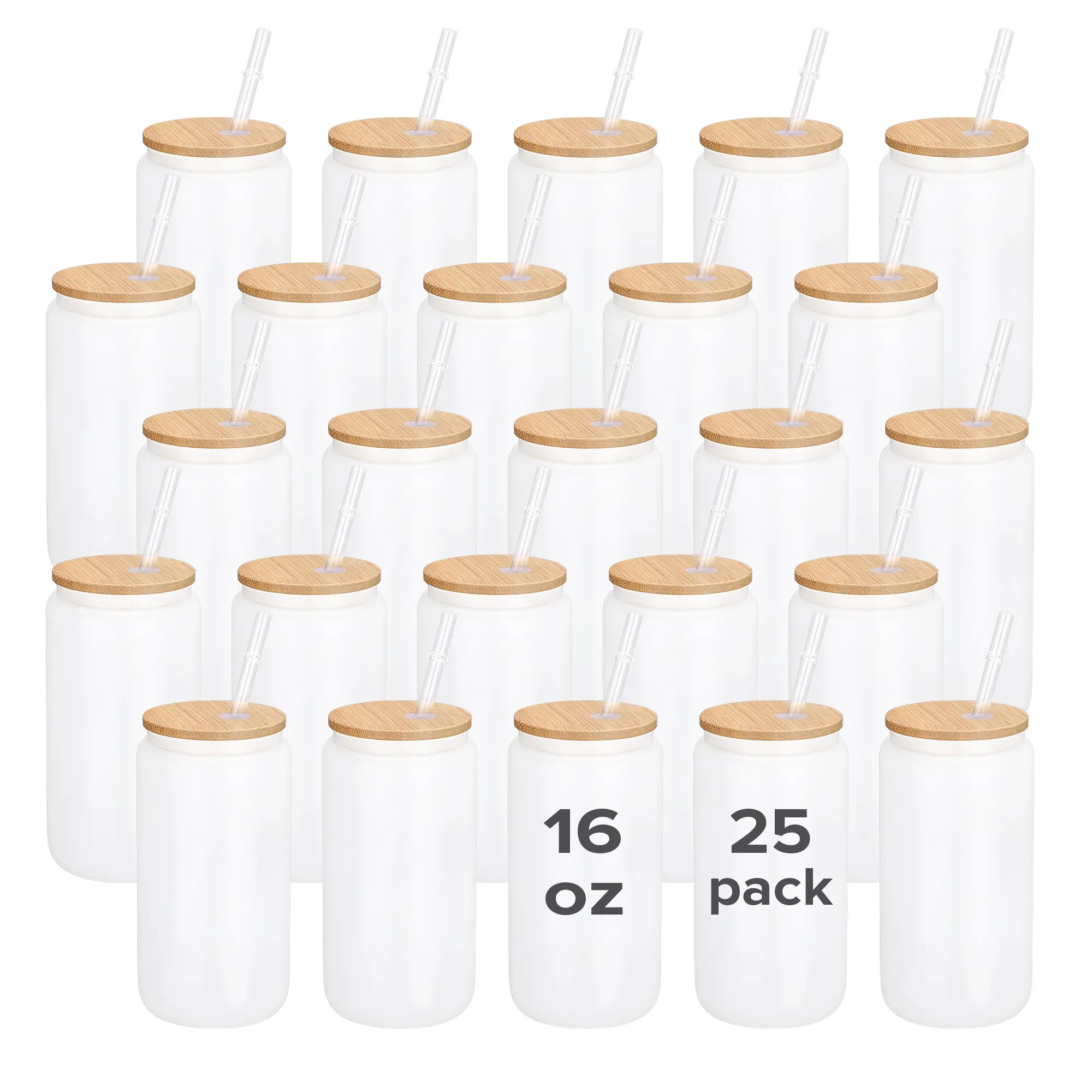 FASTSUB 25-Pack 16 oz Reusable Sublimation Frosted Glass Skinny Tumblers - Portable, Washable Blank Tumblers with Bamboo Lids, Plastic Straws, Coated Straw Bottle for Custom Printing