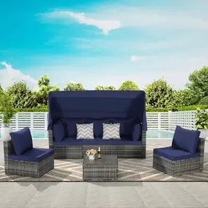 6 Pieces Outdoor Patio Furniture Set Wicker Daybed with Storable Side Table and Chairs, Retractable Canopy, and Soft Cushions, Outdoor Garden Conversation Bistro Sets for Yard, Pool, Backyard, Porch, Dark Blue