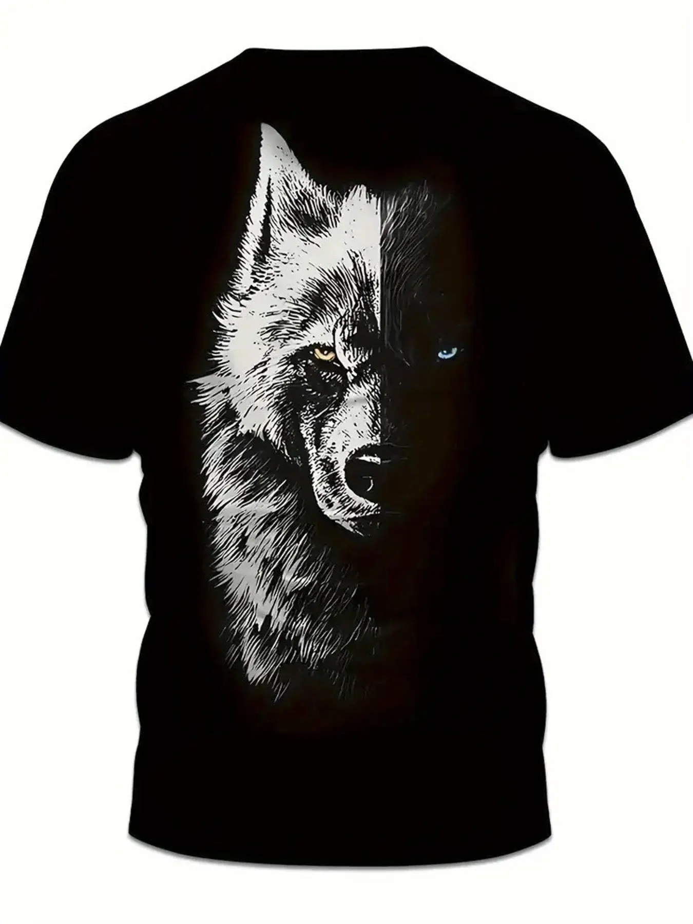 s 3D Wolf Print T-Shirt - 100 Cotton Black Crew N