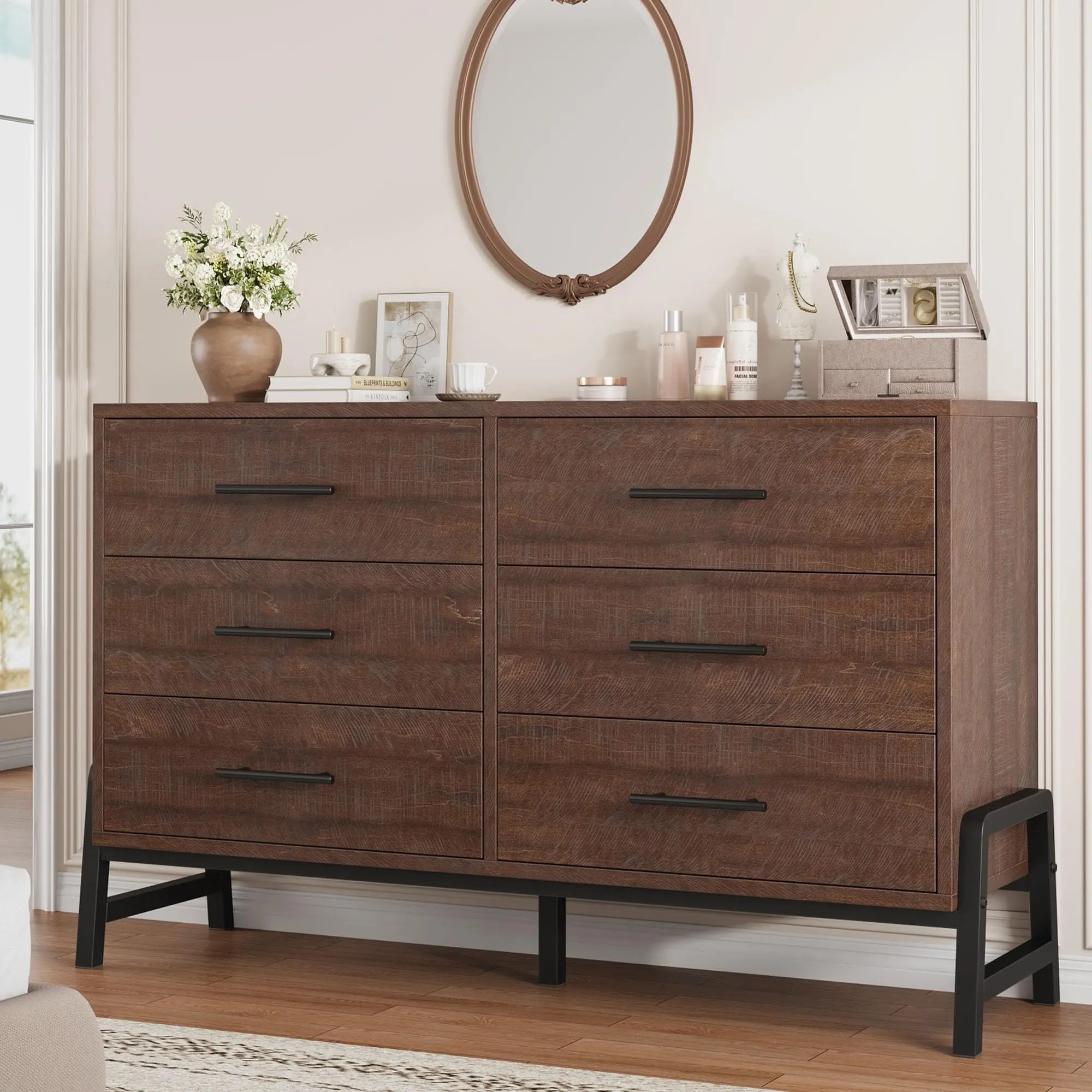 Modern 6-Drawer Wooden Storage Cabinet, Wide Freestanding Chest Dresser with Spacious Drawers, Ideal for Bedroom, Bathroom, Hallway and Entryway, Natural Oak & Brown Finish - SummerVibes Rustic Wood Cupboard Rectangular Accent Console