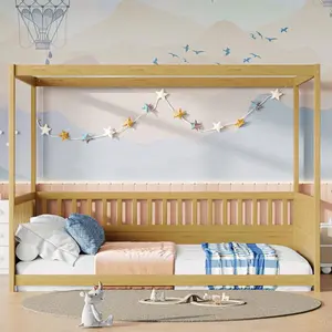 Full Size Canopy Bed Frame with Guardrails ,Floor Bed Full with Four Poster Design, Montessori Floor Bed,Wood Canopy Bed Frame (Full,Natural)