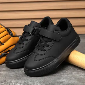 Children’s athletic shoes, unisex white skate sneakers with Velcro closure, non-slip, waterproof, wear-resistant soles suitable for all seasons—ideal for outdoor play and casual pairing; a small black shoe option; lightweight, minimalist, durable school s