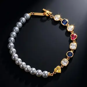 VAELUME Original 18K Gold Plated Freshwater Pearl & Rainbow Zircon Bracelet, Half Pearl Half Colorful Gem Chain, 5A VVS Candy Heart Stone, Perfect for Daily Wear, Anniversaries,Birthday Gift for Women and Girls #B18871