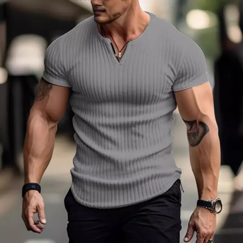 Men's Casual V-Neck T-Shirt in a Solid Color Vertical Stripe Pattern, Breathable Quick-Dry Polyester Tee for Male Daily Sports, Polyester Blend