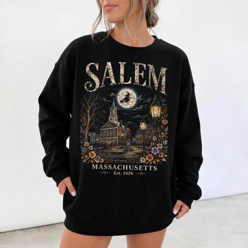 Salem Massachusetts Vintage Witch City Themed Graphic Crewneck Sweatshirt, Spooky Halloween Casual Pullover