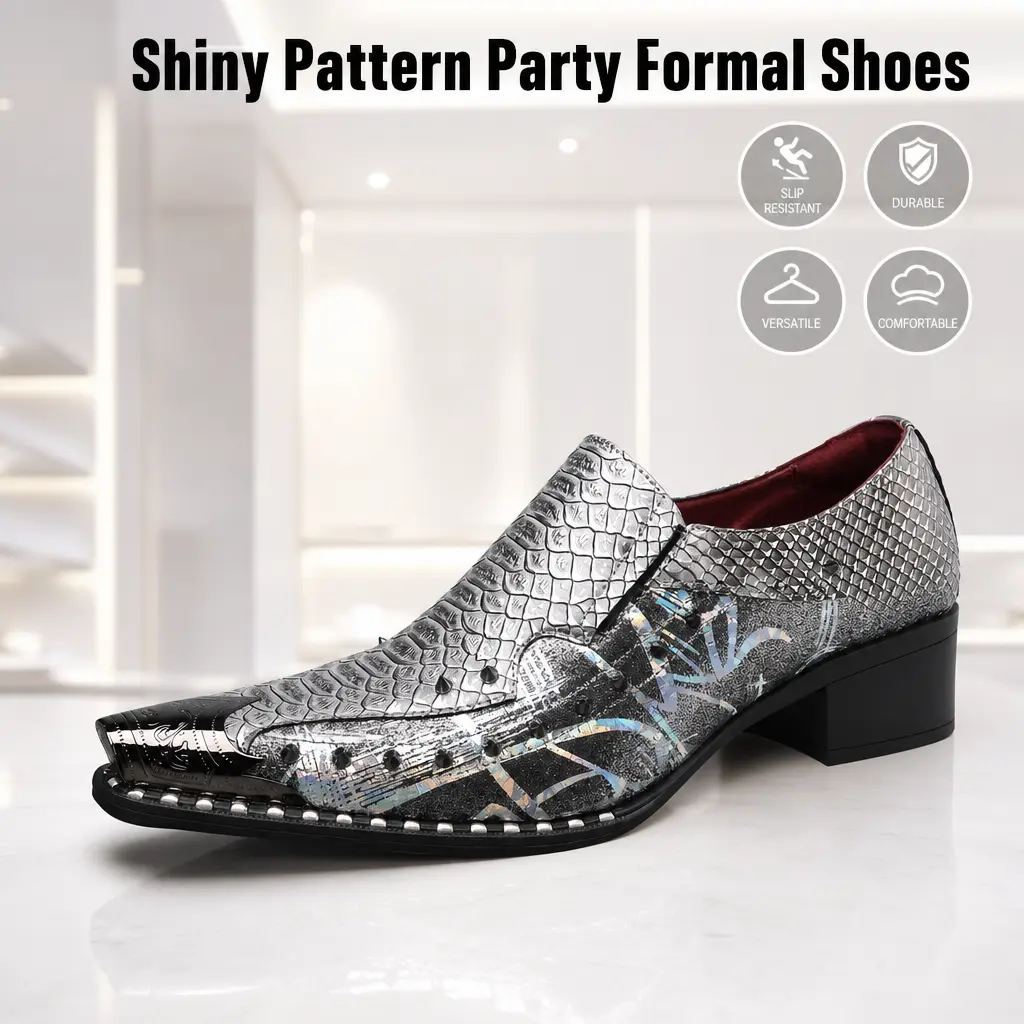 Men’s light luxury pointed-toe dress shoes with glossy texture—non-slip, versatile for parties, weddings, dance events, nights out, and stage performances.