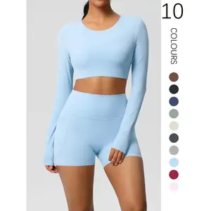 Women's Solid Long Sleeve Crop Top & High Waist Skinny Shorts Sports Set, Breathable Sweat-absorbing Round Neck Top & Pocket Sports Shorts for Gym Workout, Ladies Tummy Control Butt Lifting Sportswear for Indoor Outdoor Wear, Sweatsuit Set