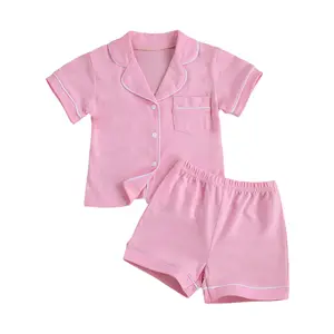 Kids Toddler Girl Boy Two Piece Pajamas Set Button Down Pajama Shirt Top Pants Shorts Solid Color Sleepwear Pjs Set