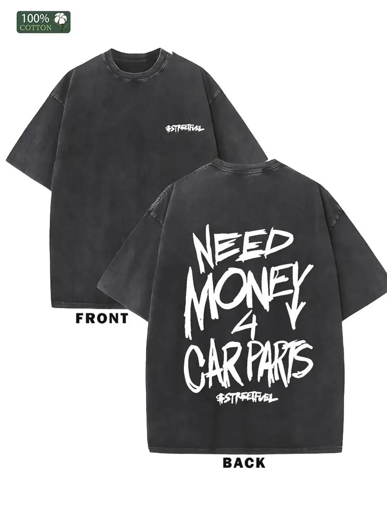 Men's   Round Neck Distressed Vintage Graphic Tee, Black Streetwear with "NEED MONEY for CARS" Car-Fan Message, Machine Washable All-Season Top, Cargo Layer Option, Size S, Shortsleeve, Men's T Shirts, Vi