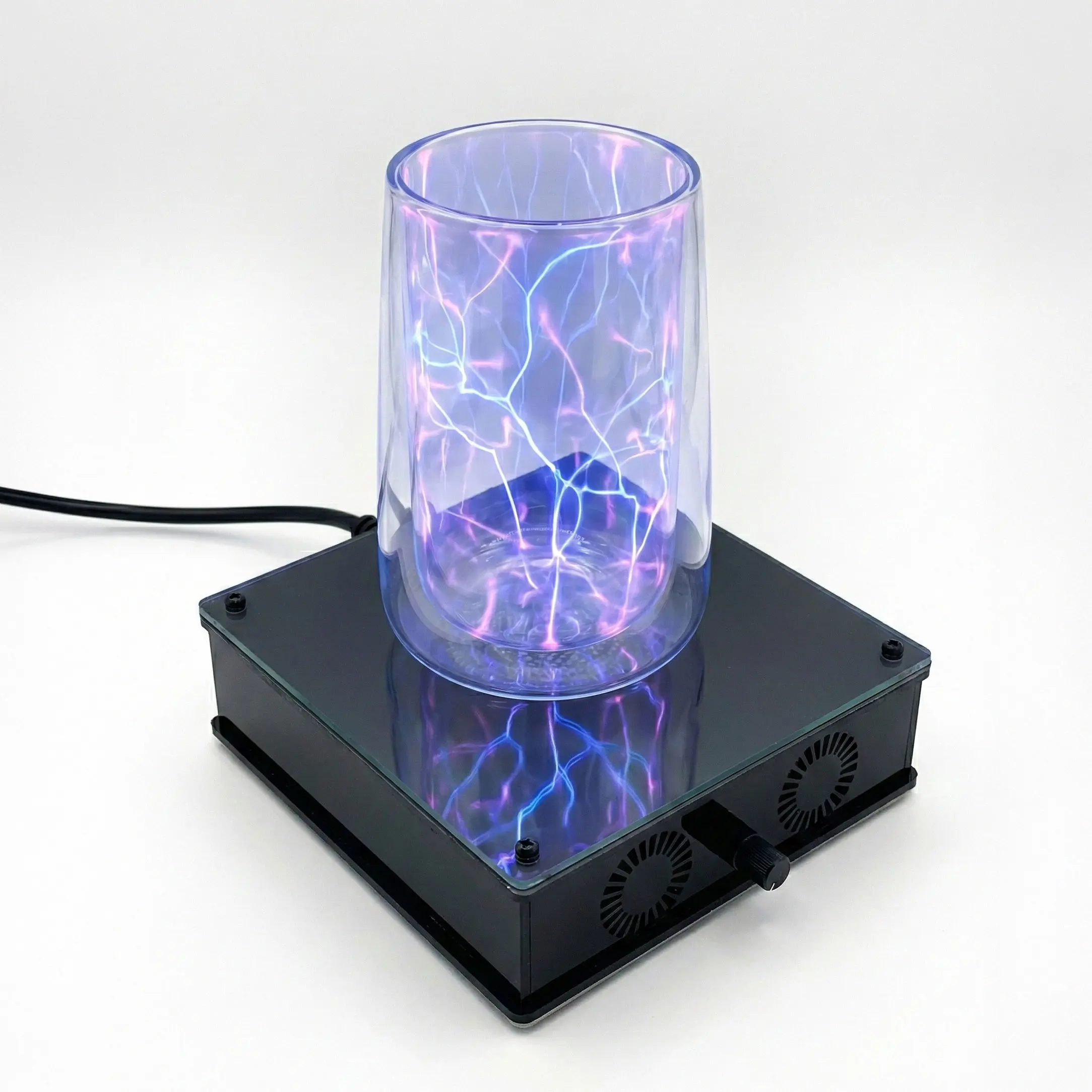 Plasma Art Electric Lightning Glass Cup with Tesla Foil Base, Interactive Neon Effect Drinking Tumbler for Coffee Tea Beverages, Touch Sensitive Illuminated Glassware