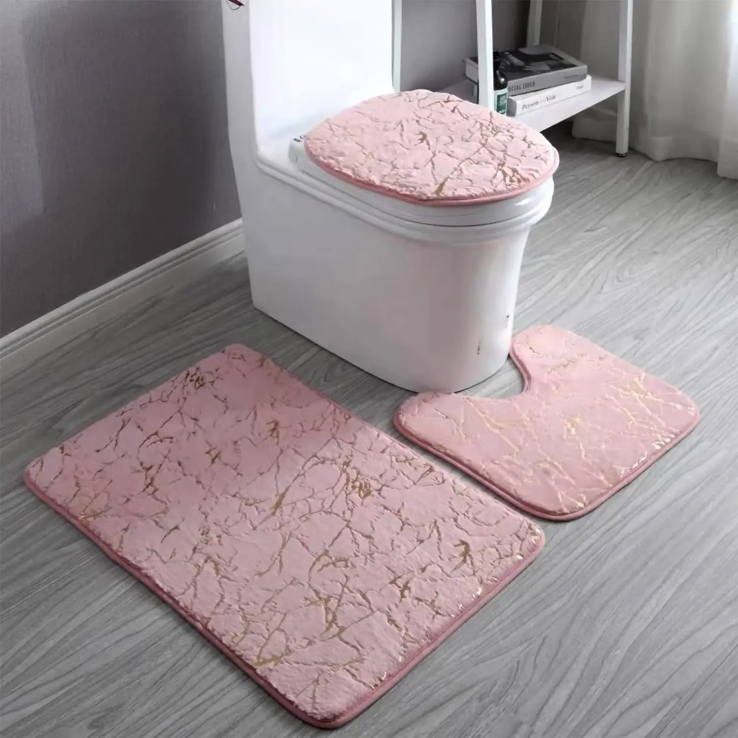 Marble Rugs and Mats Set 3 Piece Nonslip Pink Mats Soft Washable Bath Mat for Mats Carpet Absorbent Shower Rug with U-Rug Lid Cover