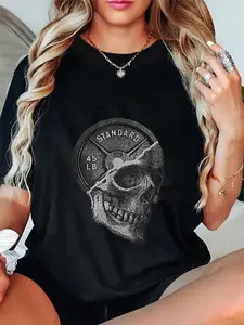 100% Cotton Unisex Skull & 45 lbs Plate Weight Lifting Graphic Gym Working Out T-Shirt