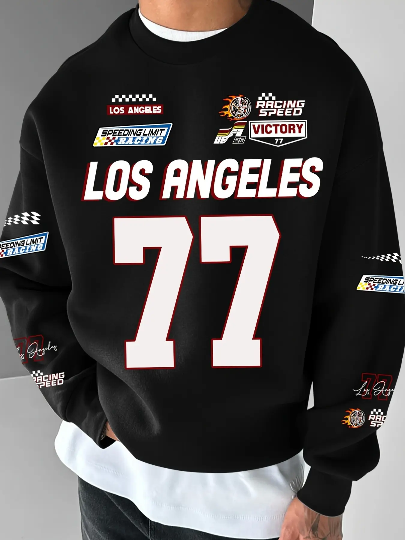 Los Angeles Racing Fashion Sweatshirt, Print Los Angeles +77 Race Number, Fitted Street Style, Fall & Winter Wear