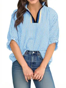 Tankaneo Womens V Neck Striped Blouse Oversized Dolman Sleeve Tops Summer Casual Loose Fit Polo Shirts