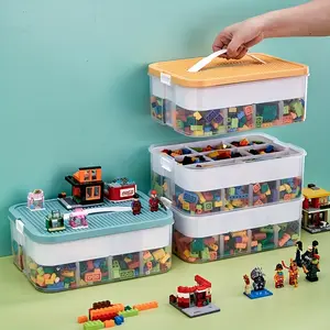A Toy Storage Box for Large Building Blocks, Featuring a Sorting Compartment for Organizing Parts. This Cute Two-Layer Storage Box Comes with a Lid And Mesh, Making It a Large Portable Container Suitable for Storing Blocks, Snacks, And Smal