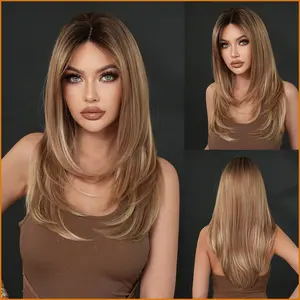 WigFinds Co. Gold Highlight Layered Straight Wig  Lace Front, Curtain Bangs, Natural Parting, Asian Bombshell Style, Heat-Resistant Synthetic Hair