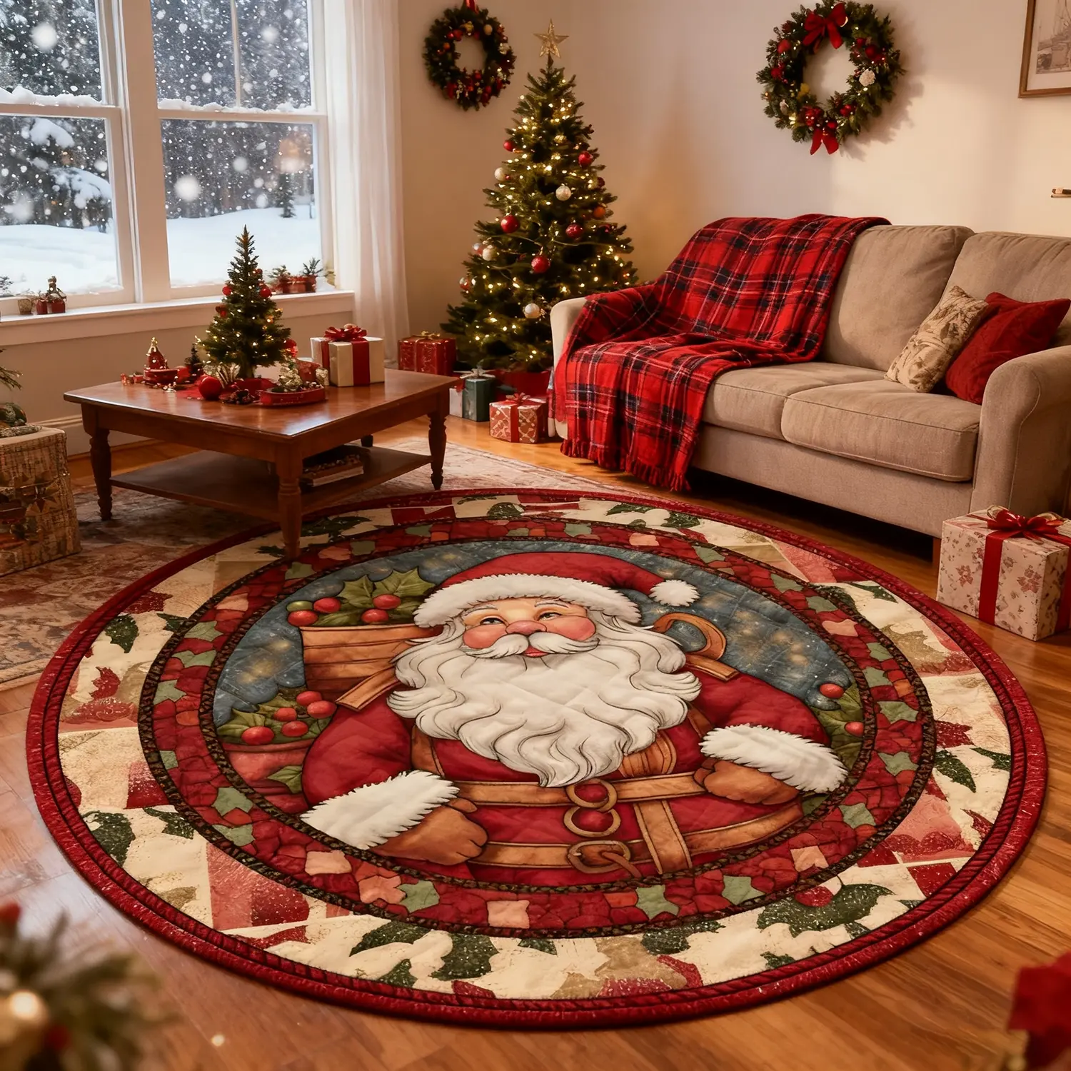 Winter Christmas Round Living Room Carpet, Cute Santa Floral Print Rug, Soft Non-Slip Bedroom Bedside Mat, Modern Indoor Rug, Decorative Rugs, Home Decor Mat