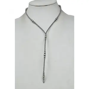 Graduated Silver Black rice beads Lariat Necklace (16")