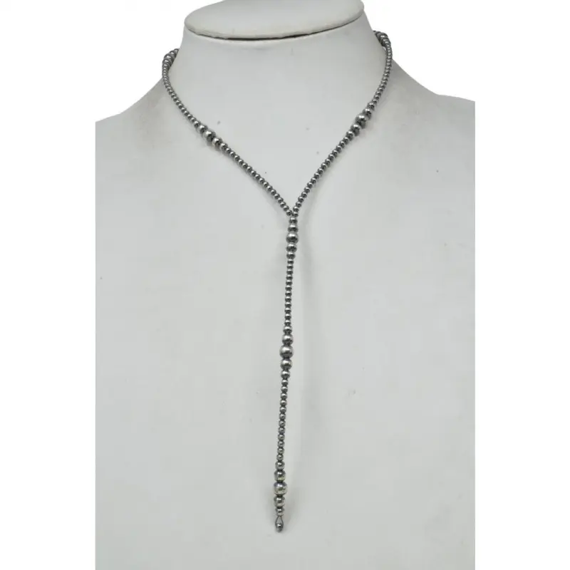 Graduated Silver Black rice beads Lariat Necklace (16")
