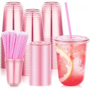 Pack 16 oz Pink Plastic Party Cups with Lids and Straws, Disposable Iced Coffee Cup with Lids, Round Bottom Drinking Cups for Birthday Wedding Valentine's Galentine's Bachelorette Partyvalentine's day decor