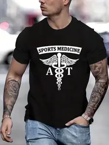 100% cotton Sports Medicine Athletic Trainer AT Medical Symbol Caduceus Printed T-shirt, Short-sleeved Crew Neck Casual Top, Suitable For All Seasons, Men's Wear