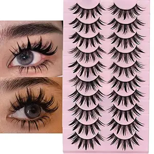DSLONG 10 Pairs Manga Lashes Wet Look Lashes Effect Cat Eye Lashes Extension Spiky Mink Lashes Japanese Cosplay Styles Anime Fake Eyelashes Reusable