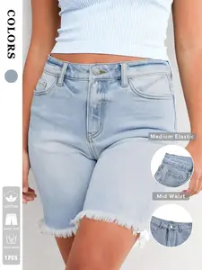 1 pair women's blue washed straight-cut casual Light Wash denim shorts with raw-edge hem details that enhance the leg shape, featuring Fitted, elasticity, fashionable and casual style, frayed edges, perfect for daily travel, shopping, and summer