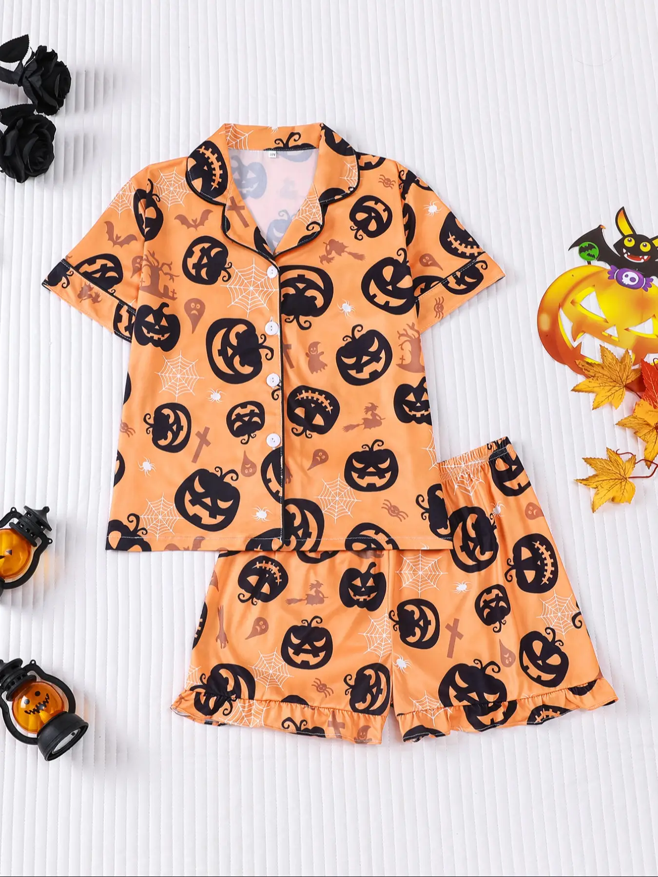 Cute Children's Cartoon Halloween Pajamas, New Holiday Children's Clothing, Casual Outings Orange Funny Pumpkin Head Print, Comfortable for Outdoor We