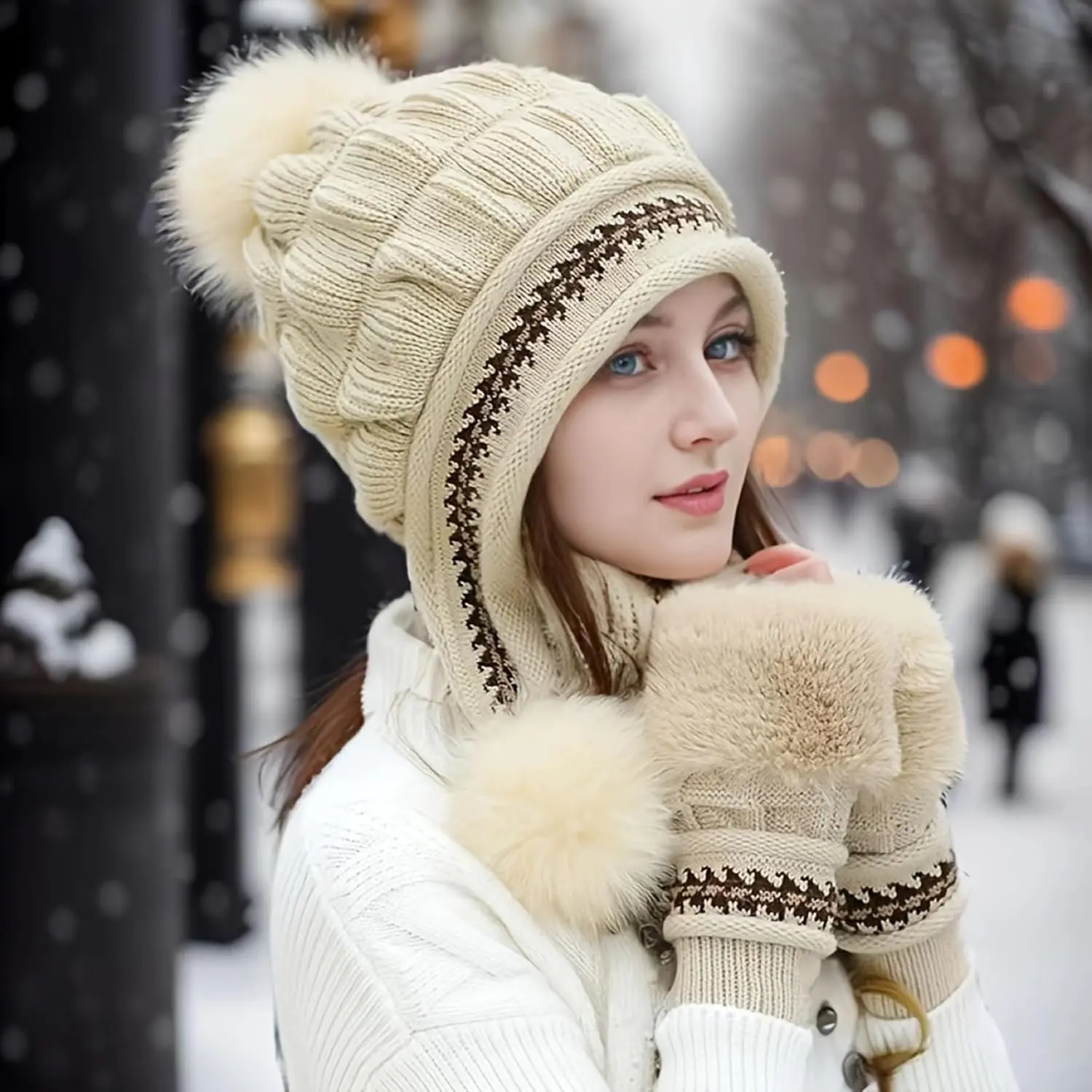 Womens Faux Fur Beanie & Half Finger Gloves Set - Luxurious Winter Pom Hat Cap with Soft Lining for Cold Weather Outdoor Use - Christmas Gifts for Her - Fluffy Faux Fur Pom-Poms & Thickened Knit Fabric
