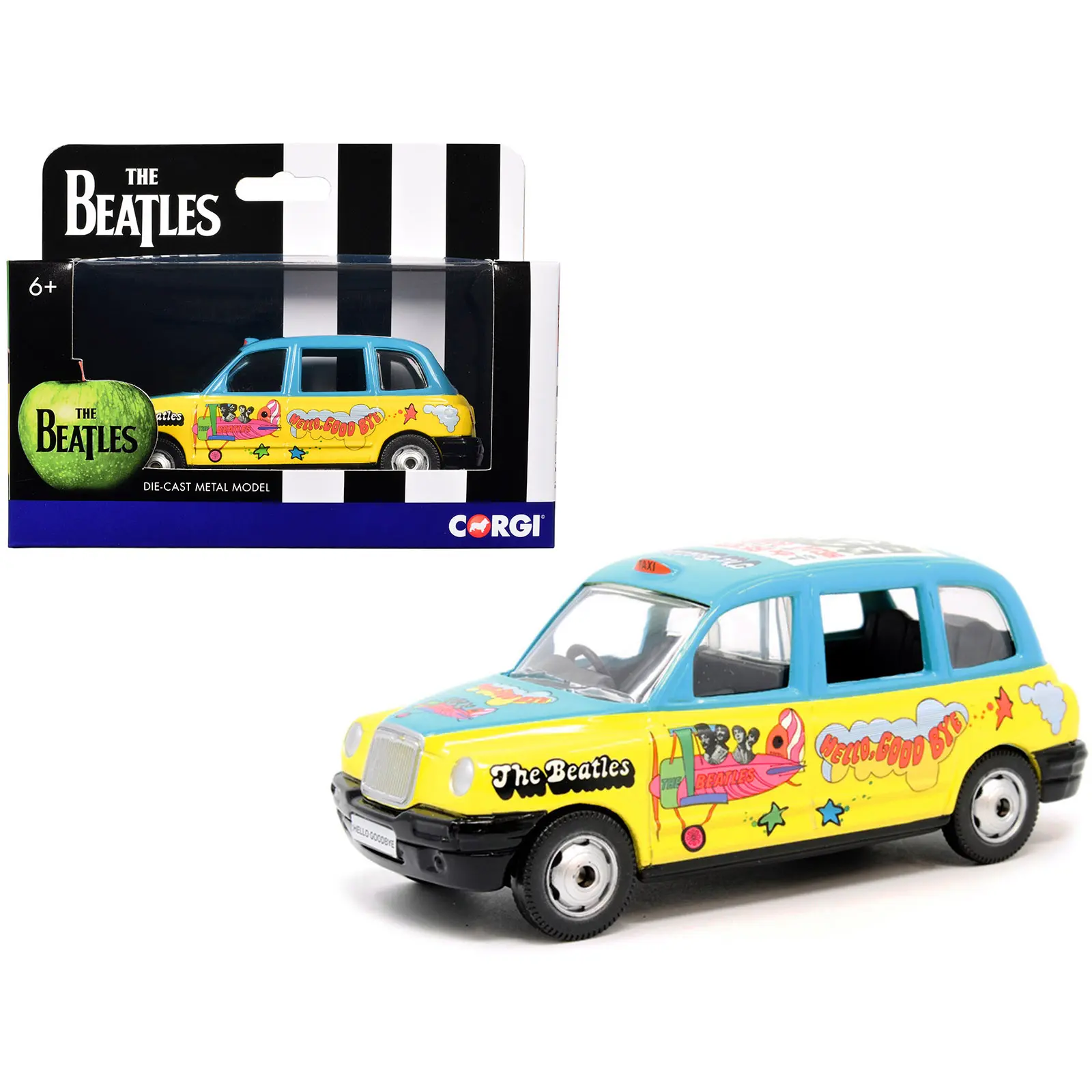 The Beatles London Taxi RHD (Right Hand Drive) "Hello, Goodbye" Blue and Yellow with Graphics Diecast Model by Corgi