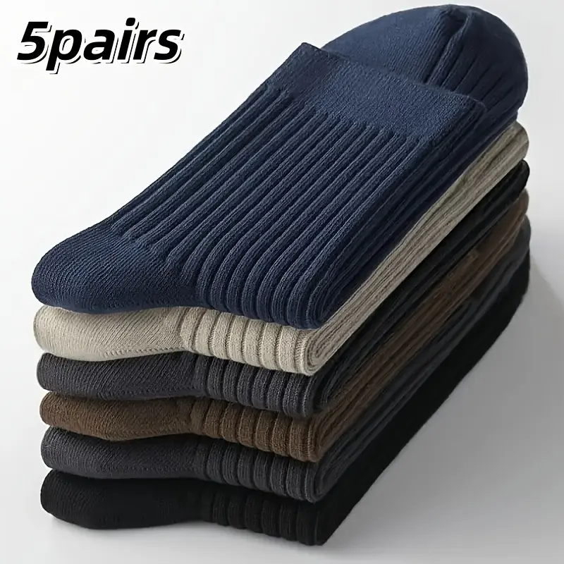 5-Pack Men's Solid Color Crew Socks – Breathable, Moisture-Wicking Casual & Dress Socks for All-Season Comfort