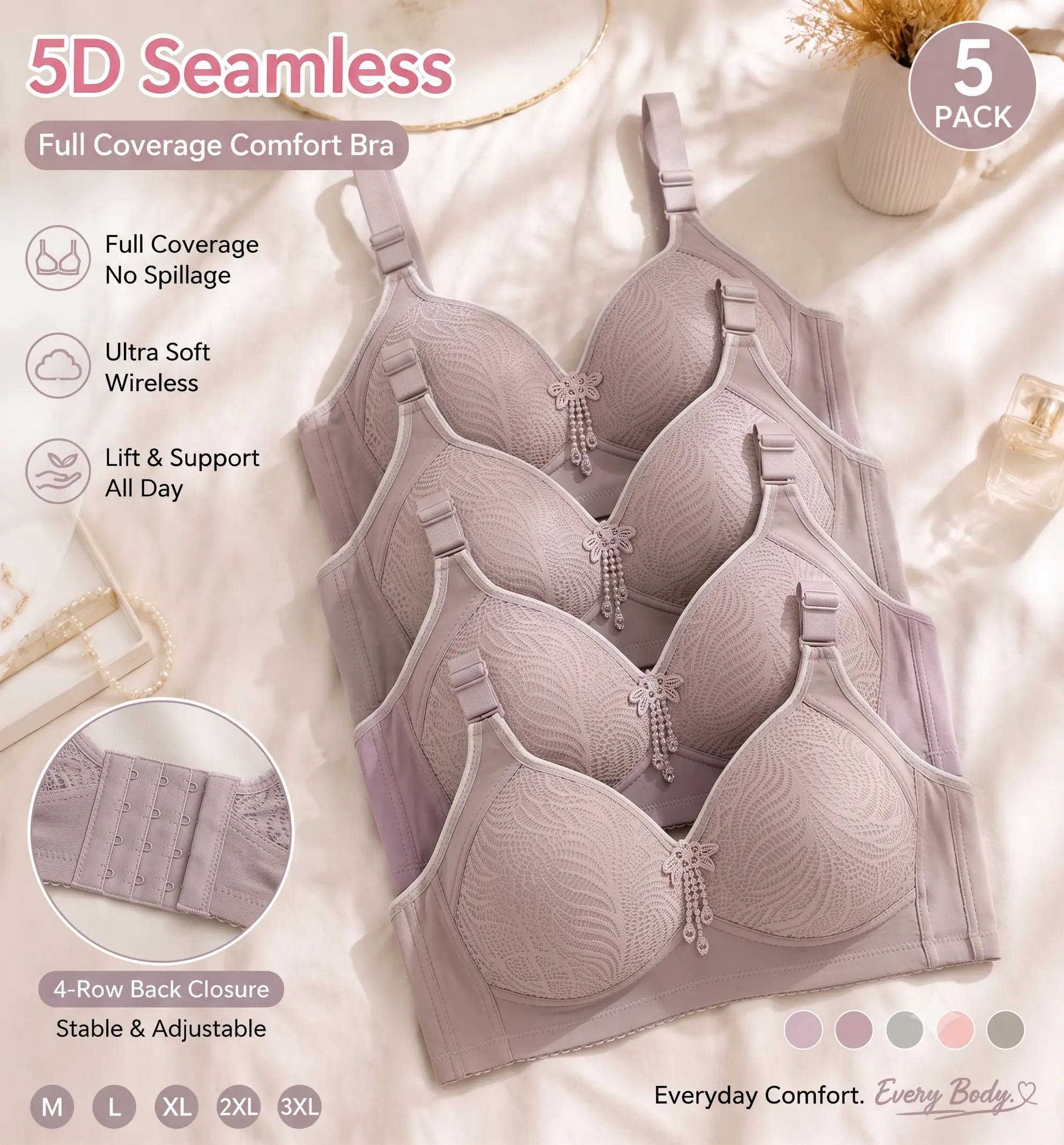 Women's 5-Pack Wireless Bras for Plus Size, Seamless Wide-Strap Full Coverage Anti-Sagging Comfort Bras for Women, Grey Edition, Minimalist, Basic