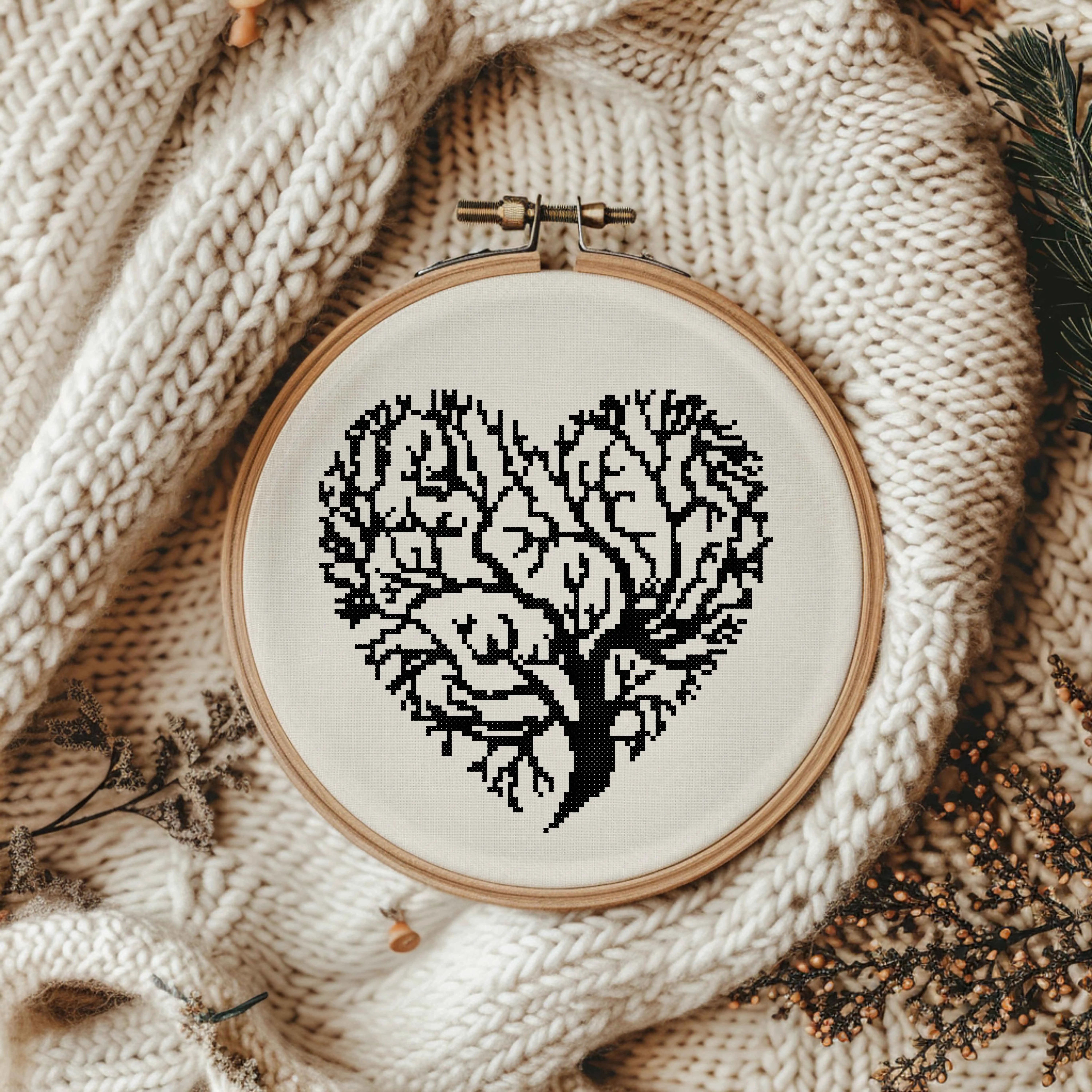 Silhouette Tree of Life in a Heart Black Work Counted Cross Stitch Pattern KIT