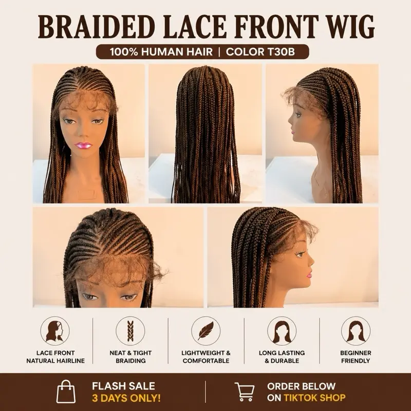 100% Human Hair Cornrow Braided Lace Front Wig - Box Braids Back, T30B Color, Natural Hairline, Flexible, Neat & Defined Parting, Lightweight, Comfortable, Easy-Remove Design