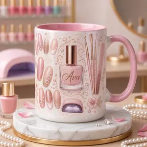 Custom Nail Art Name Mug, 2D Printed 3D Effect Ceramic Coffee Cup, Pink Manicure Tools Nail Polish Design, Personalized Gift for Nail Techs, Manicurists, Beauty Lovers, Birthday Christmas Gift
