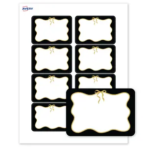 Avery Printable Adhesive Name Tags, 2-1/3" x 3-3/8", Matte White, Pre-printed Black Border/Metallic Gold Bow Design, Laser & Inkjet Compatible, 160 Total