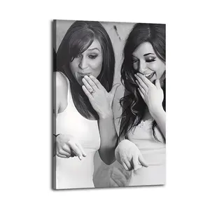 Viral Giggling Girls Pointing Meme Canvas Wall Art | Funny Black & White Humor Poster For Living Room & Guest Bathroom Decor