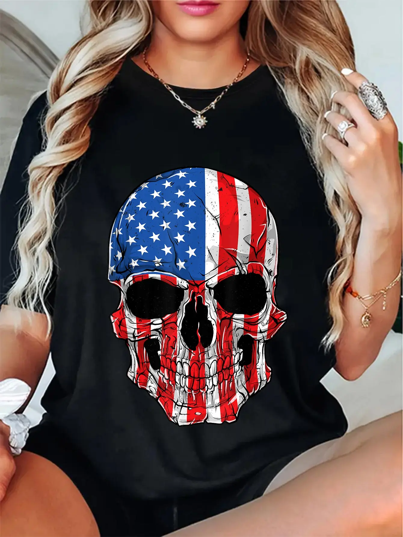 100% Cotton Skull American Flag 4th of July T shirt Men Women USA Gifts T-Shirt
