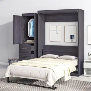 Space-Saving Full Size Murphy Bed with Integrated Wardrobe and Drawers - Stylish Gray Cabinet Solution