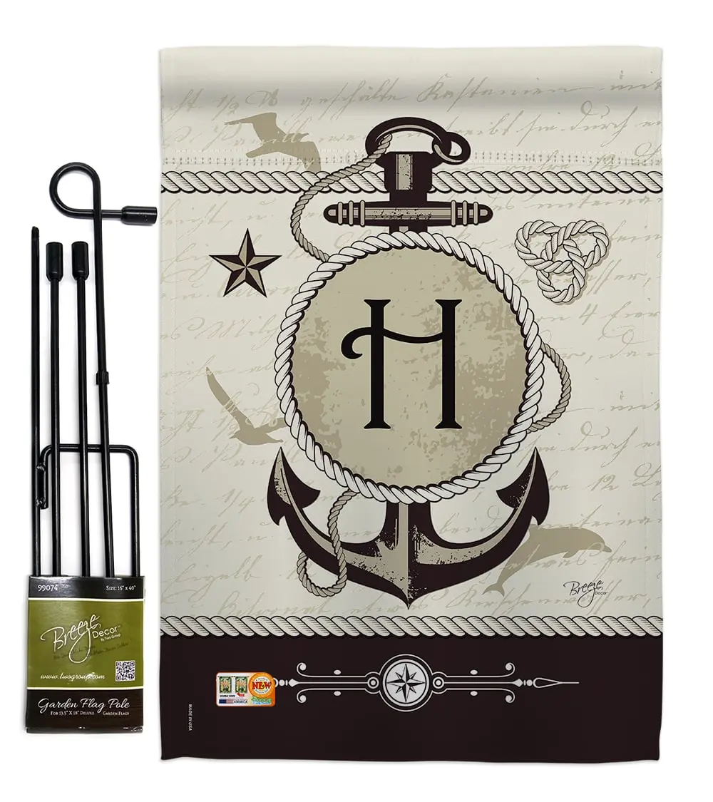 Breeze Decor BD-NA-GS-130190-IP-BO-D-US14-BD Nautical H Initial Vertical Coastal Impressions Garden Flag Set, 13"x18.5", Double-Sided, Weatherproof, Fade Resistant, with Flagpole Hardware, Indoor-Use, Reusable, 1.09 lbs