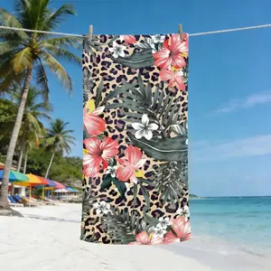 Tropical Plant Leopard Print Beach Towel, Flat Printed, Trendy Fashion Design, Lightweight Soft Quick Dry, Sun Protection